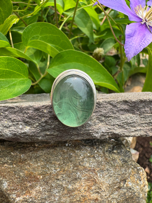 Handmade sterling silver green fluorite oval ring, front view