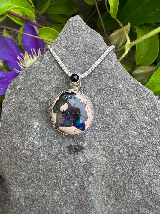 Handmade sterling silver reversible matrix fire opal pendant, front view