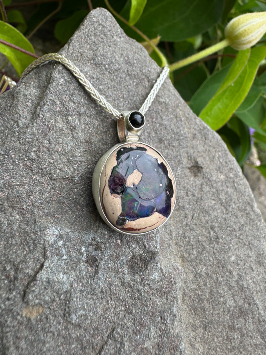 Handmade sterling silver reversible matrix fire opal pendant, alternate view