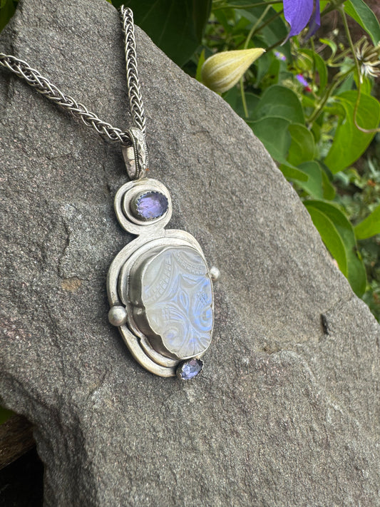 Handmade sterling silver sculpted carved moonstone and amethyst pendant, alternate view