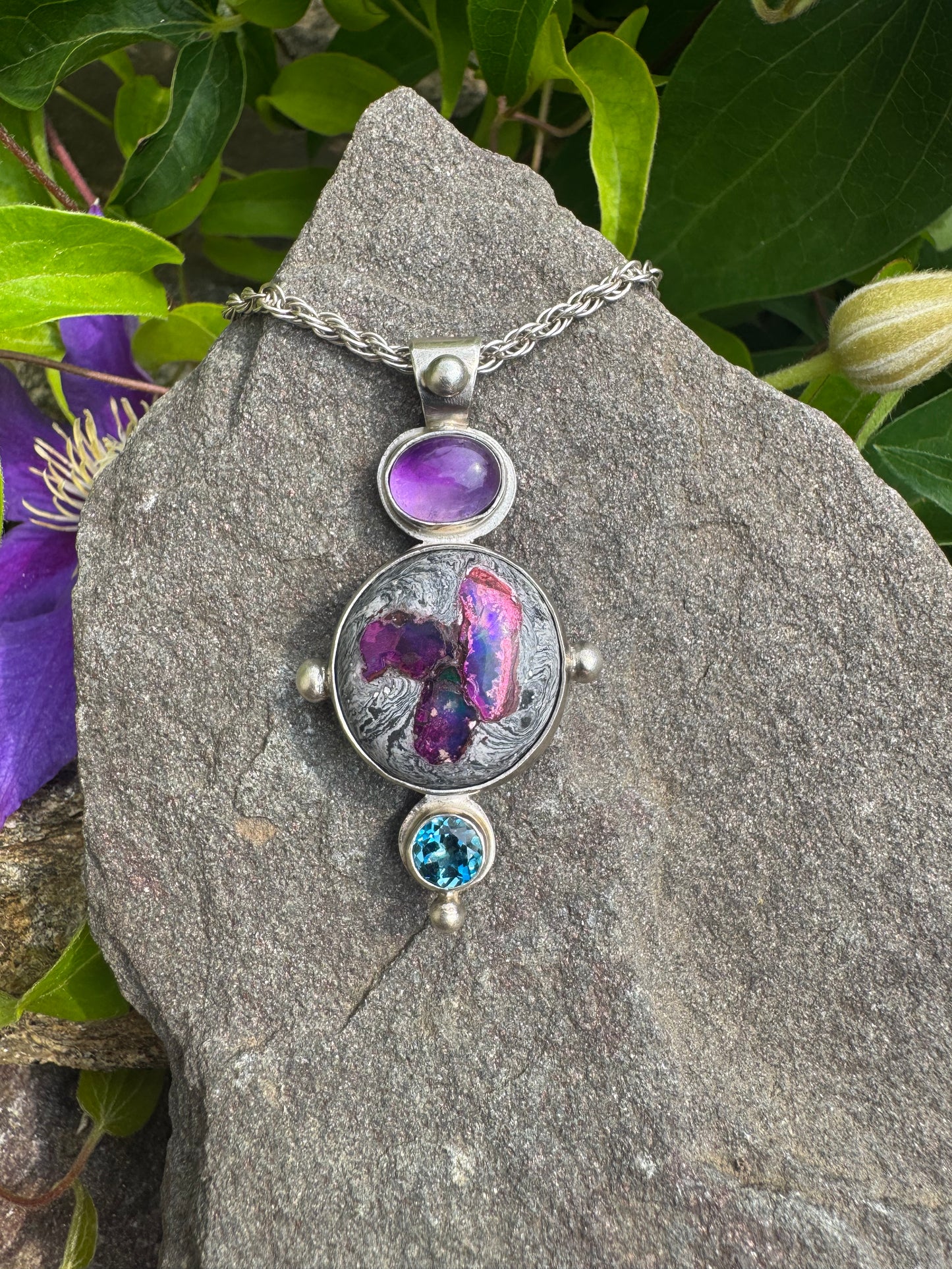Amethyst, Fire Opal and Blue Topaz Chain Pendant