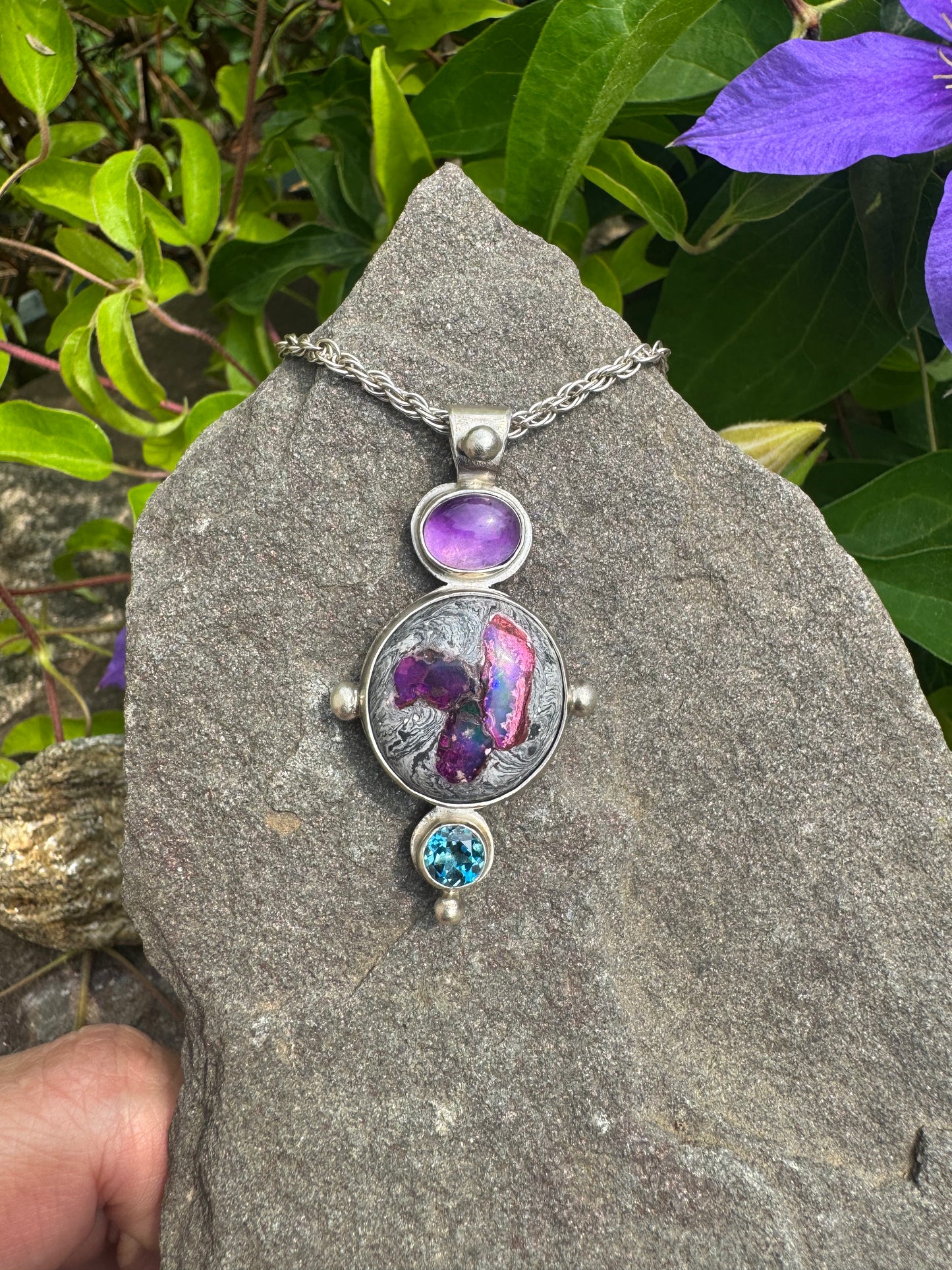 Amethyst, Fire Opal and Blue Topaz Chain Pendant