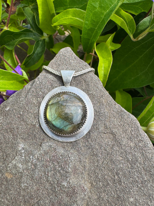 Handmade sterling silver olive-gold labradorite oval pendant, front view
