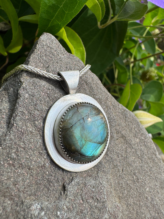 Handmade sterling silver olive-gold labradorite oval pendant, alternate view
