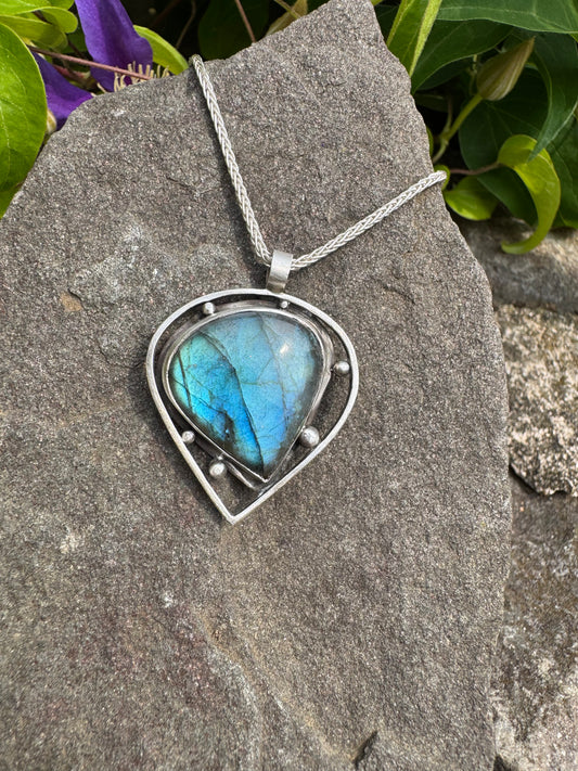 Handmade sterling silver triangular labradorite pendant in sterling silver with open frame, alternate view
