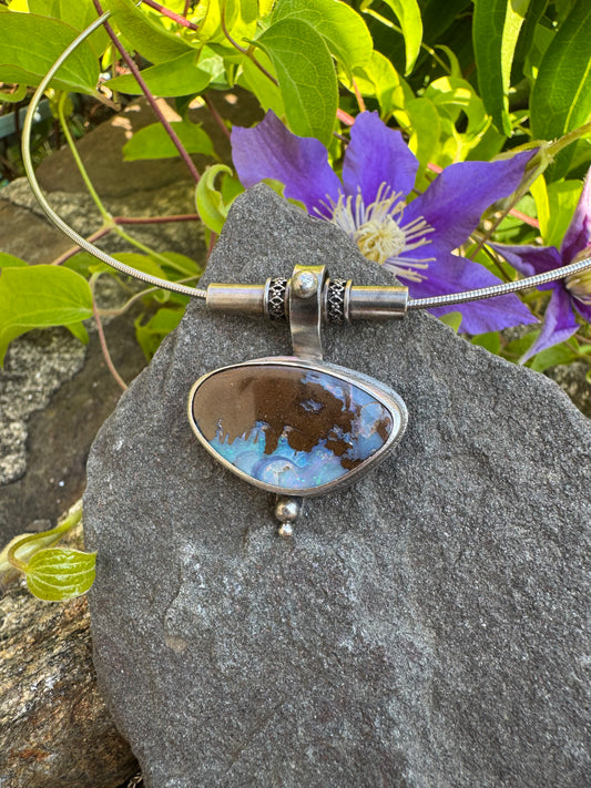 Handmade sterling silver Australian boulder opal pendant, front view