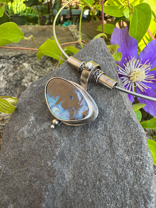 Handmade sterling silver Australian boulder opal pendant, alternate view