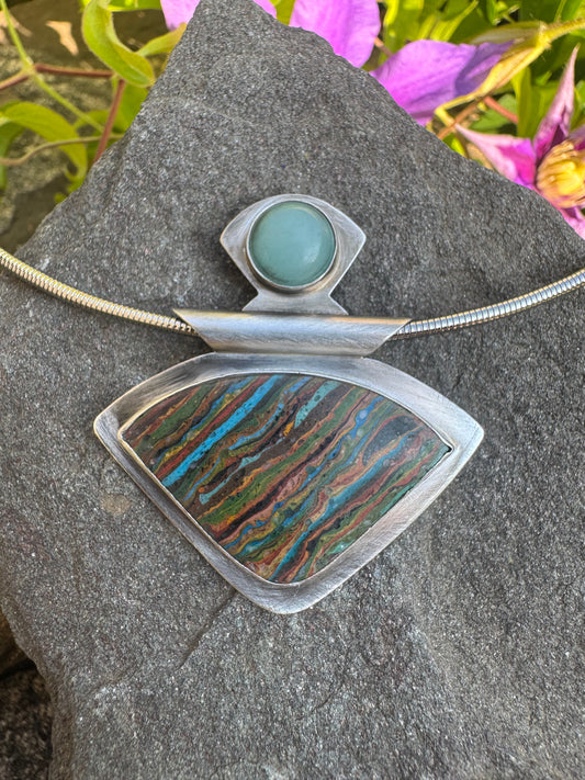 Handmade sterling silver rainbow calsilica and aquamarine triangle pendant, front view