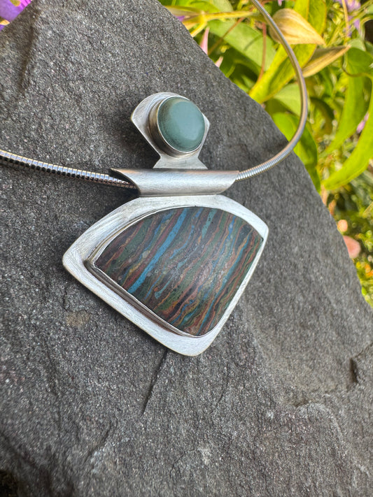 Handmade sterling silver rainbow calsilica and aquamarine triangle pendant, alternate view
