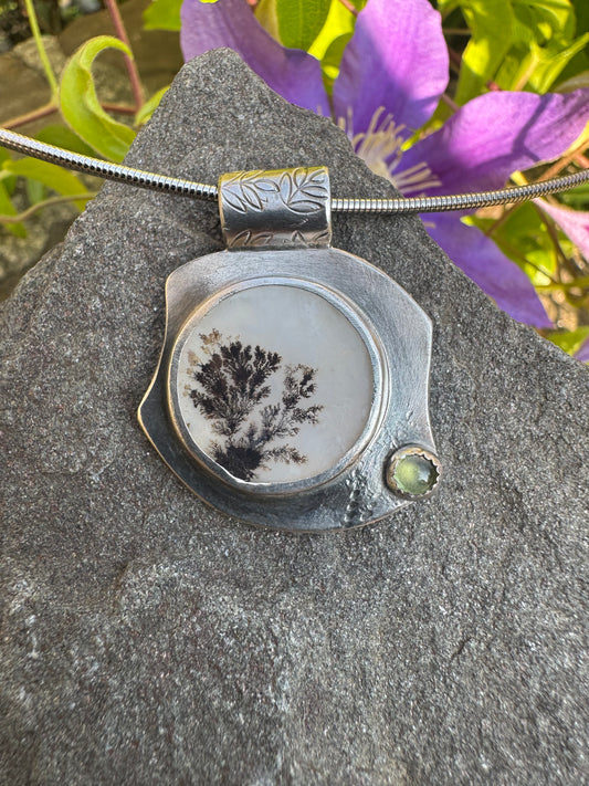 Handmade sterling silver dendritic agate and peridot pendant, front view