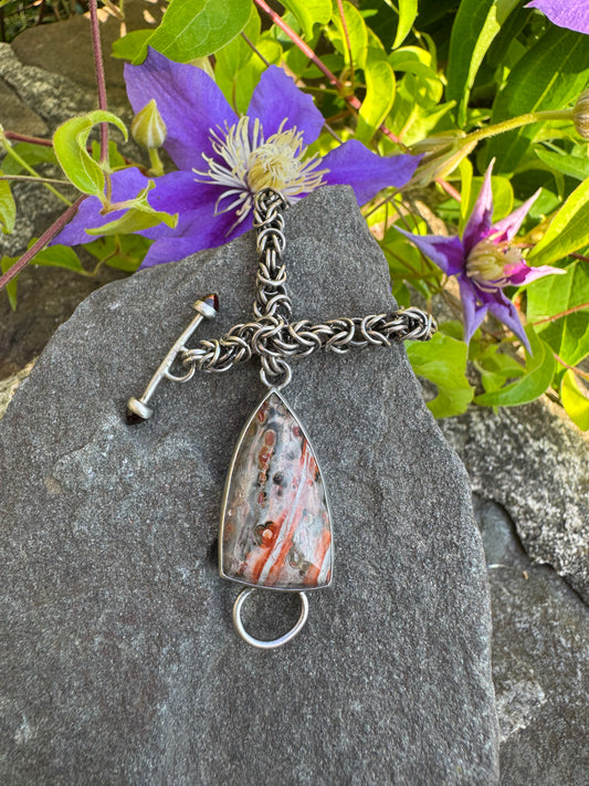 Handmade sterling silver hand-woven Byzantine bracelet with jasper and garnet, front view