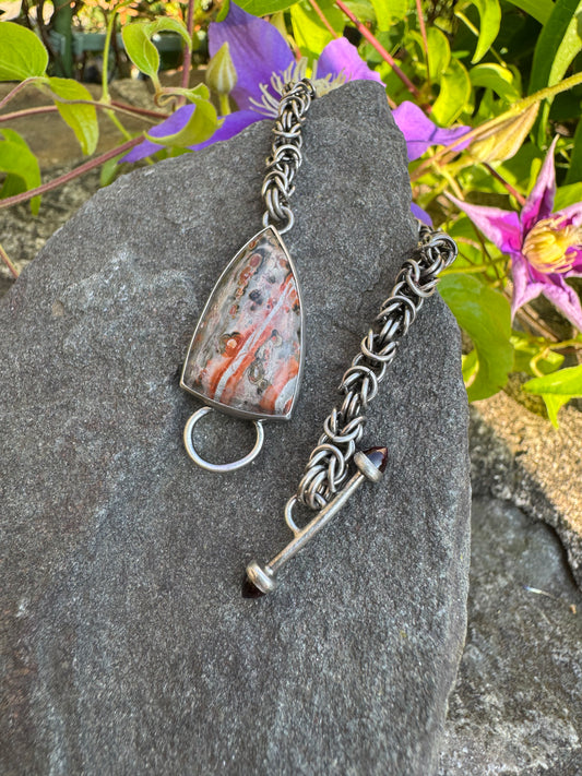 Handmade sterling silver hand-woven Byzantine bracelet with jasper and garnet, alternate view