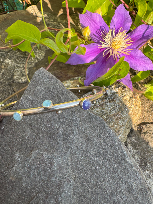 Handmade sterling silver amethyst and aquamarine bangle bracelet, alternate view
