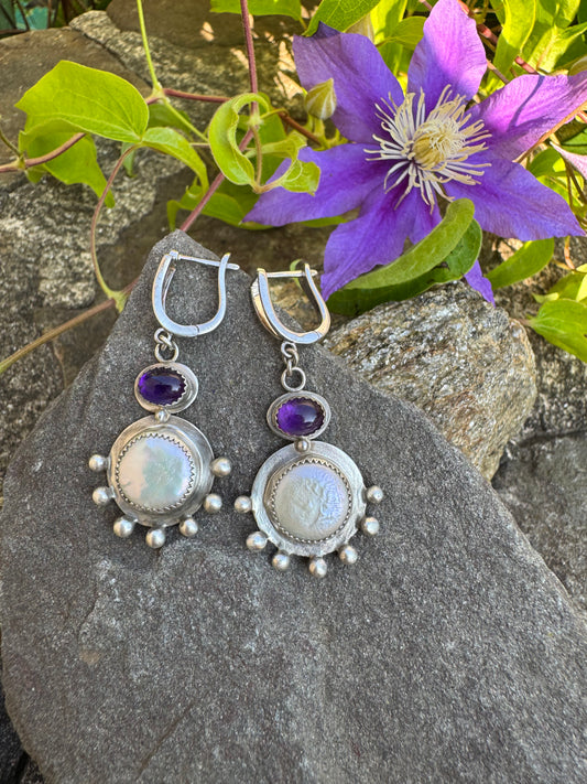 Handmade sterling silver amethyst and sunburst moonstone drop earrings, alternate view