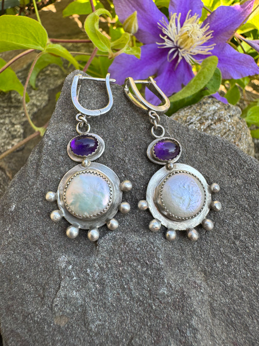 Handmade sterling silver amethyst and sunburst moonstone drop earrings, front view