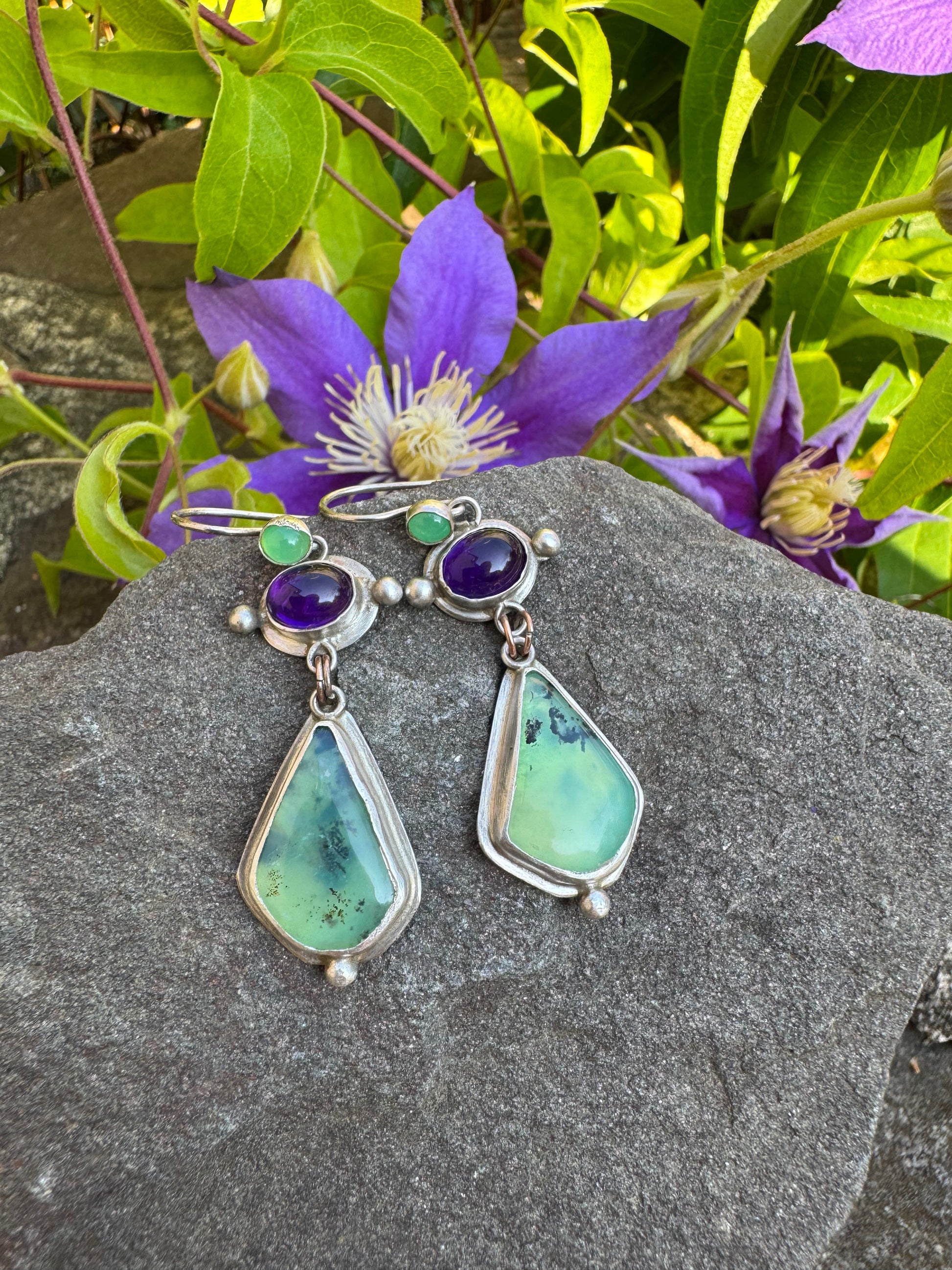 Silver earrings with chrysoprase, amethyst and Peruvian opal stones