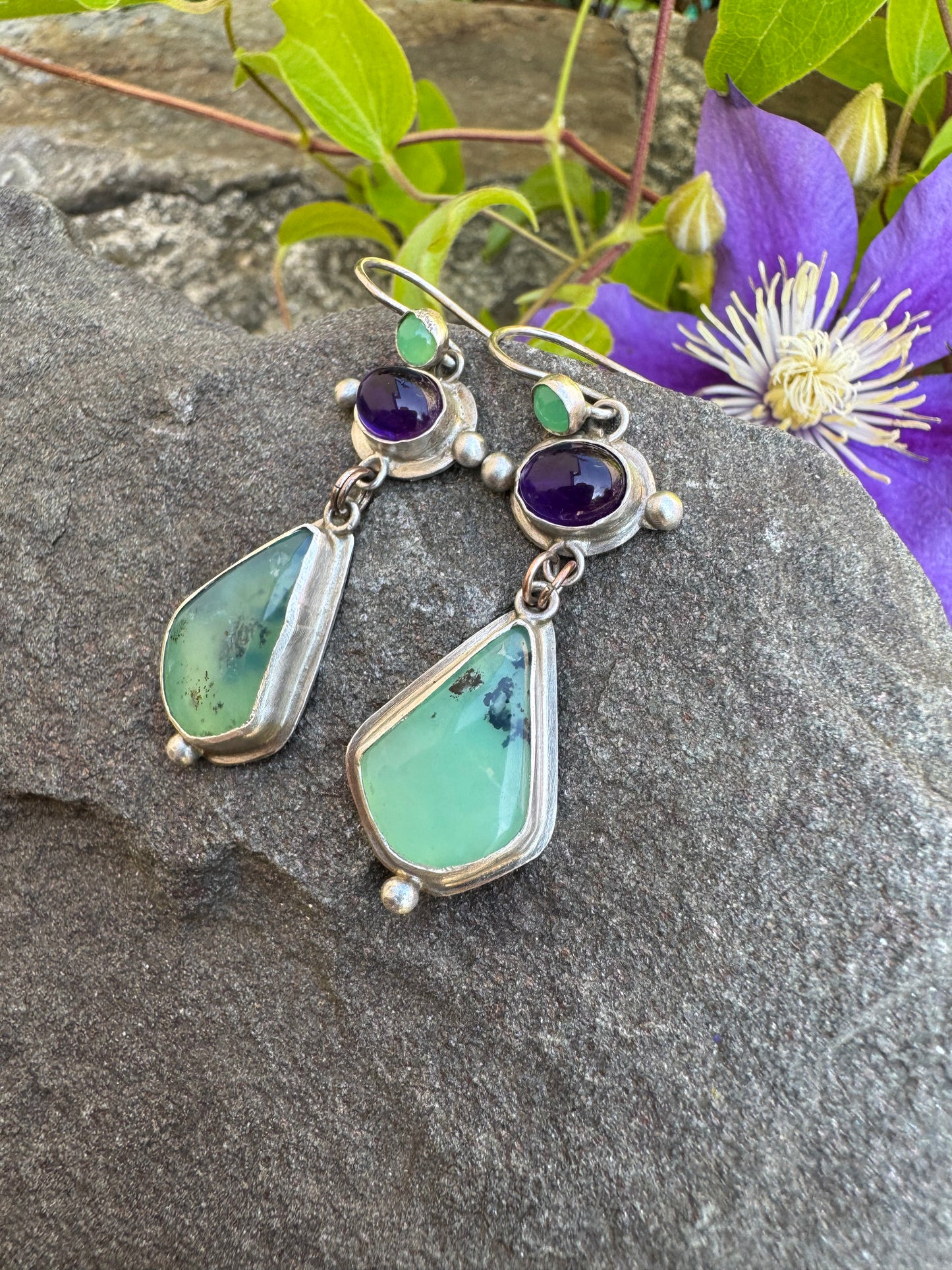 Silver earrings with chrysoprase, amethyst and Peruvian opal stones