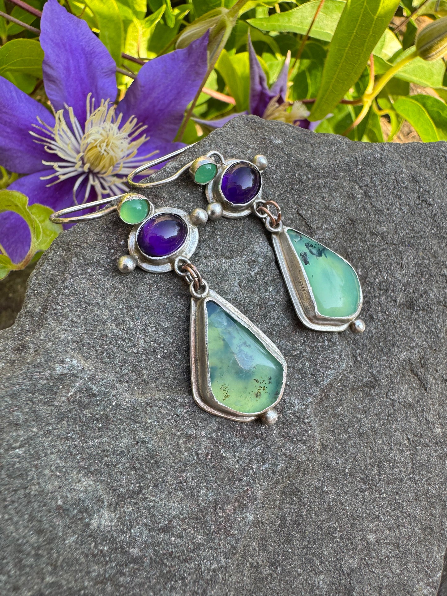 Silver earrings with chrysoprase, amethyst and Peruvian opal stones