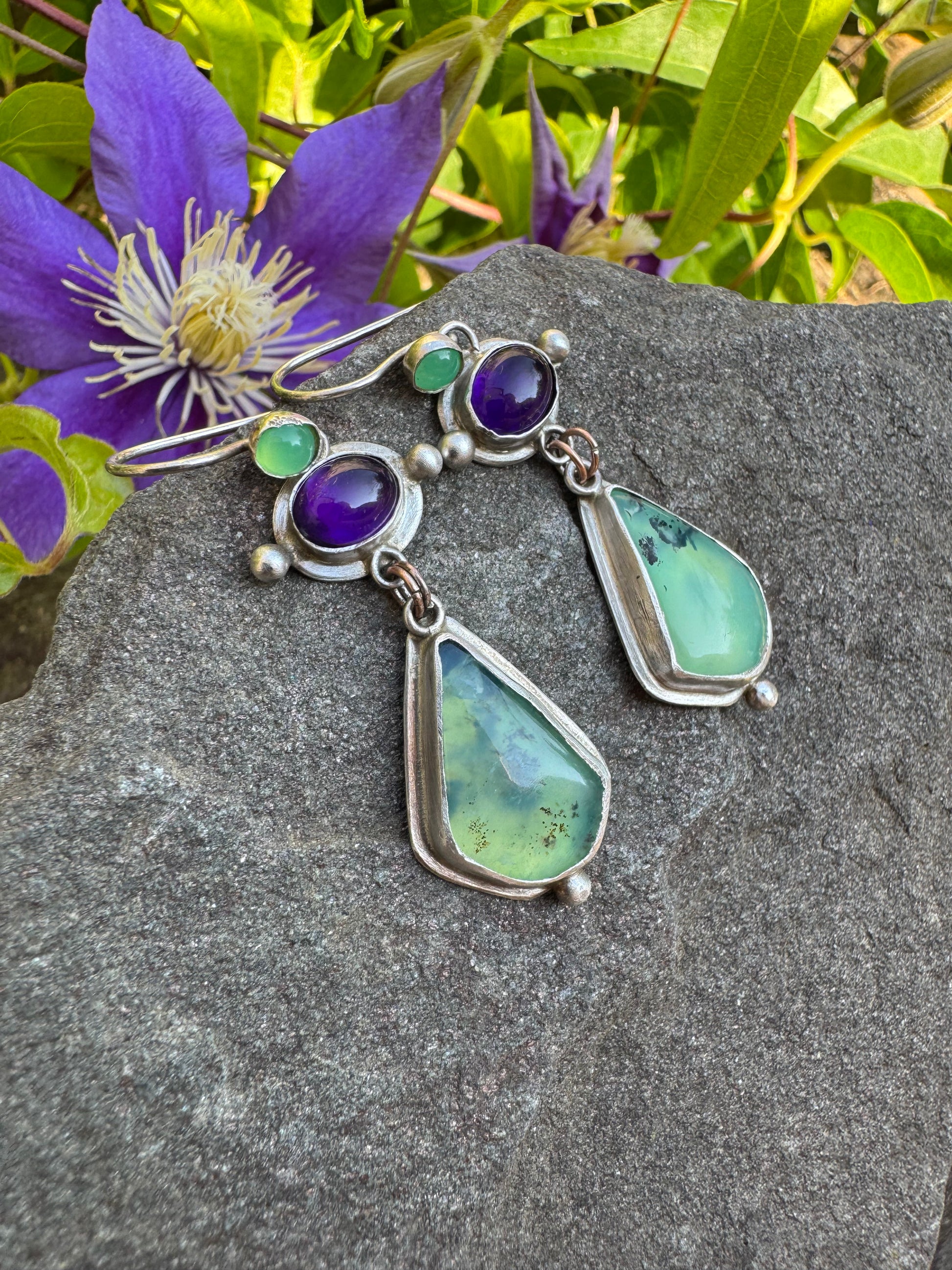 Silver earrings with chrysoprase, amethyst and Peruvian opal stones
