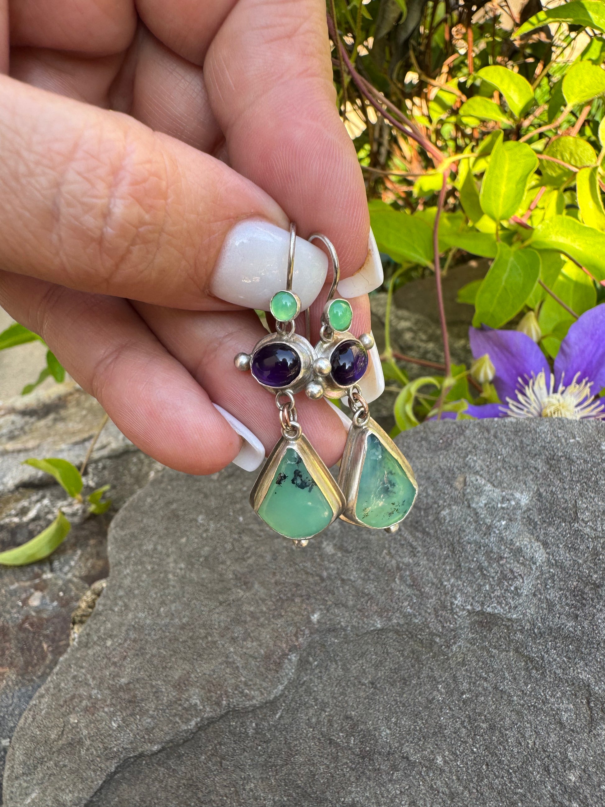 Silver earrings with chrysoprase, amethyst and Peruvian opal stones