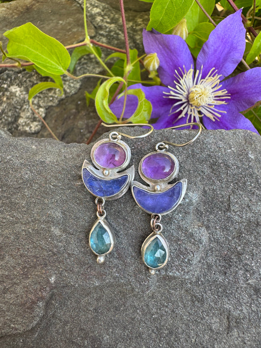 Handmade sterling silver crescent tanzanite, amethyst and kyanite drop earrings, front view