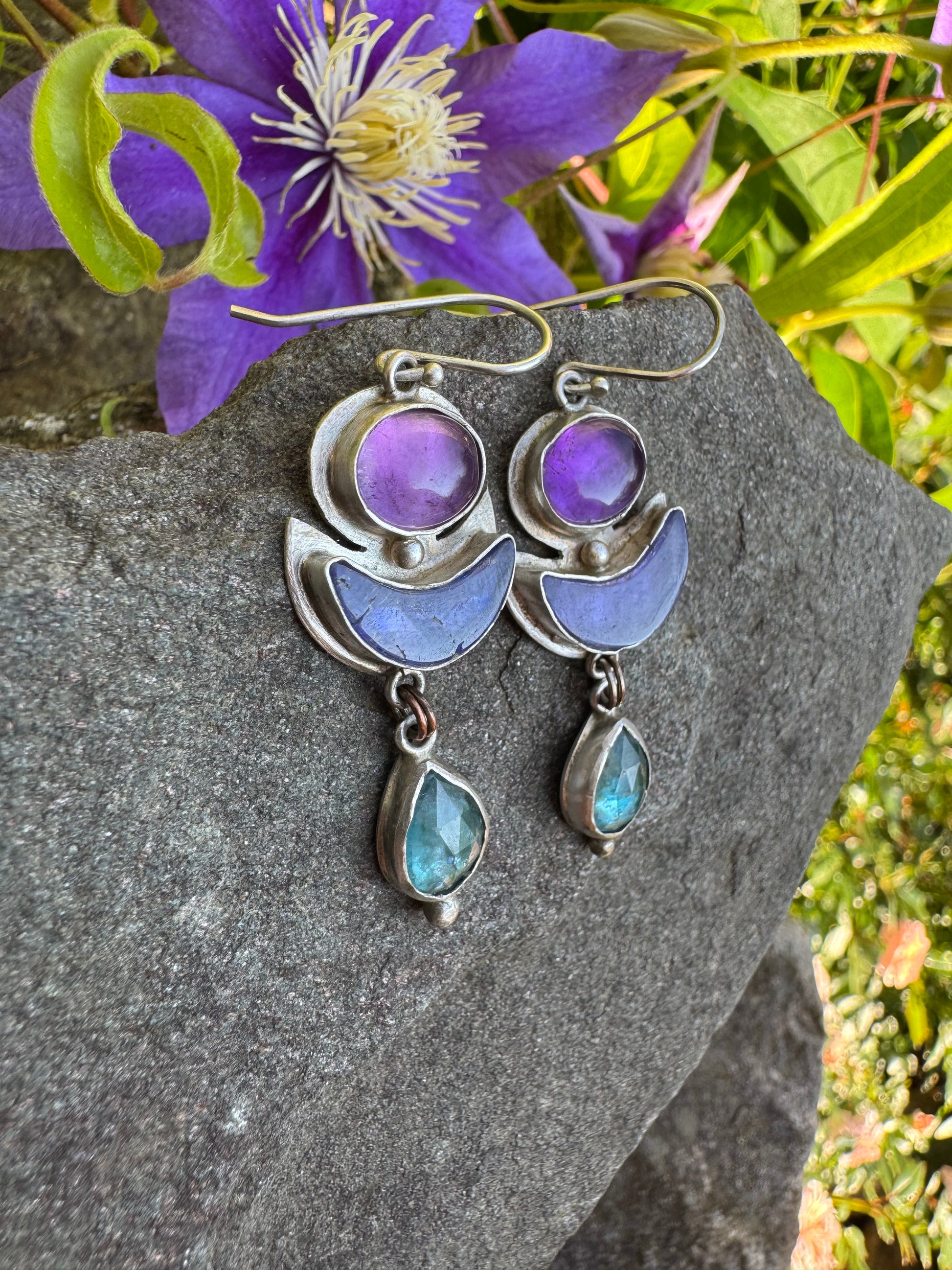 Silver earrings with amethyst, tanzanite and blue kyanite stones