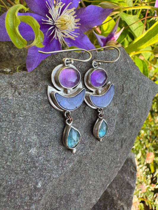 Handmade sterling silver crescent tanzanite, amethyst and kyanite drop earrings, alternate view