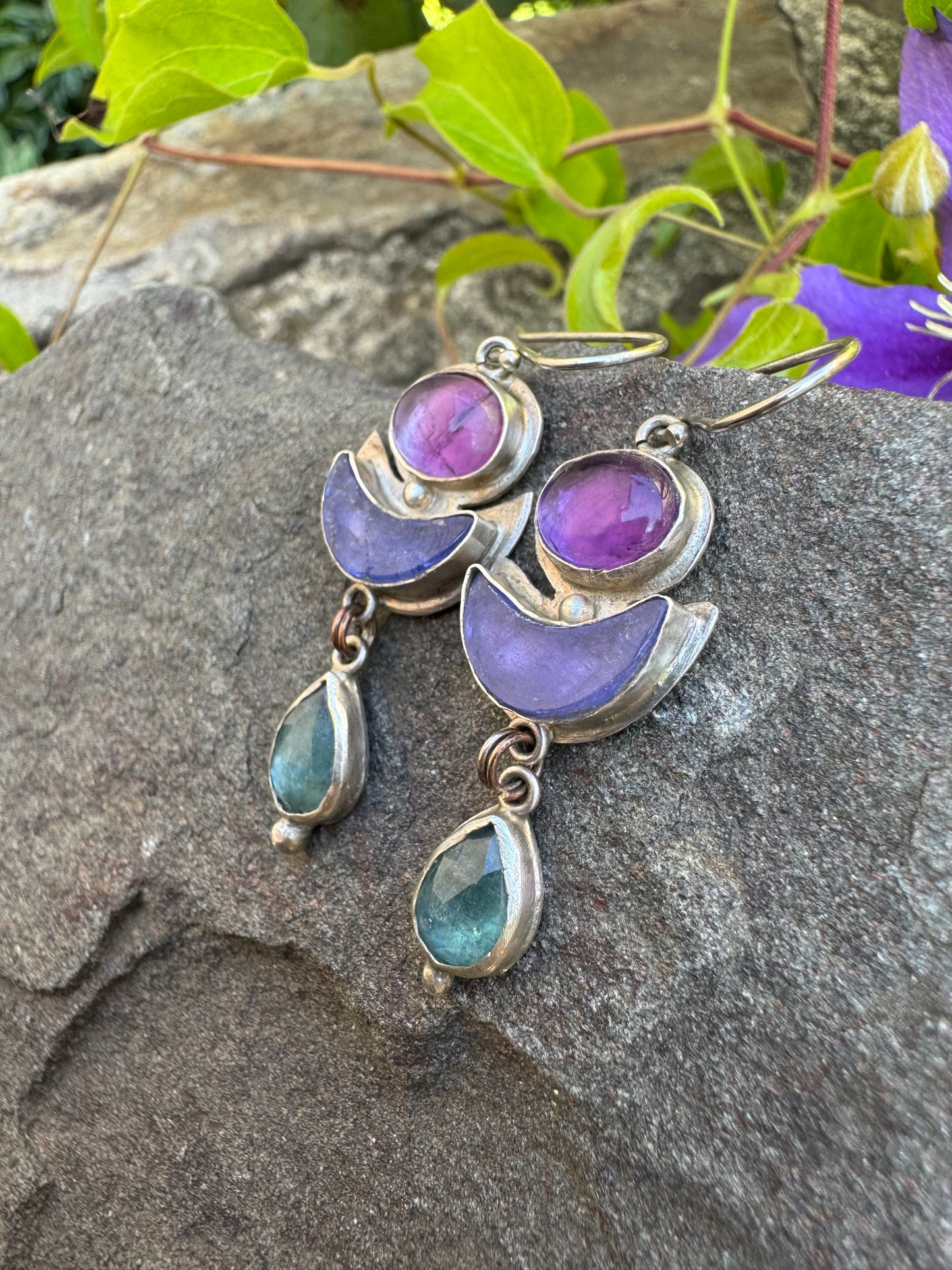 Silver earrings with amethyst, tanzanite and blue kyanite stones