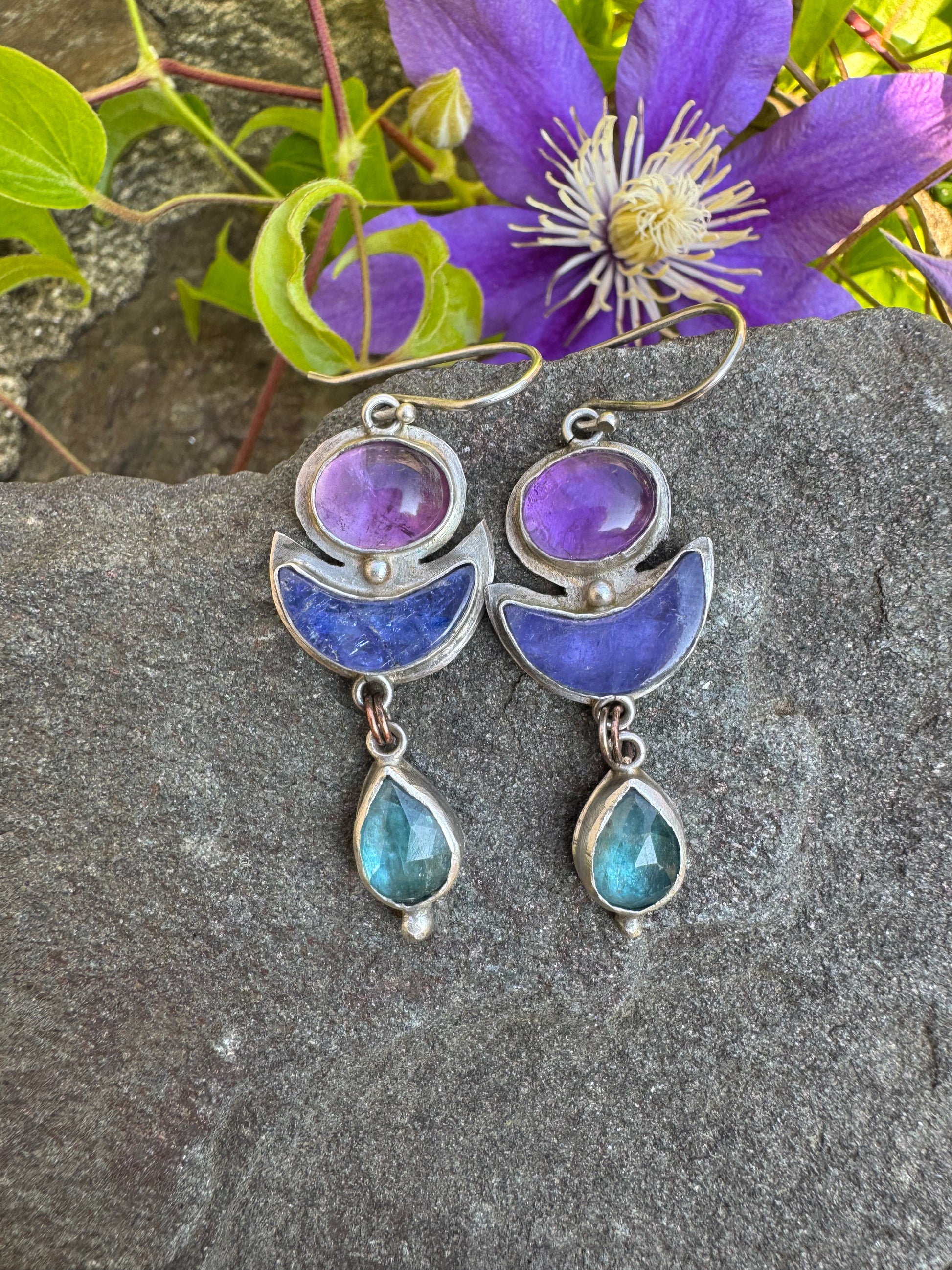 Silver earrings with amethyst, tanzanite and blue kyanite stones