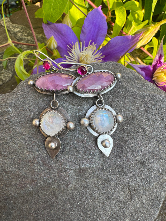 Handmade sterling silver ruby, pink sapphire and moonstone drop earrings, front view