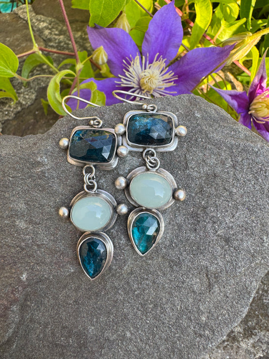 Handmade sterling silver kyanite and aquamarine drop earrings, front view