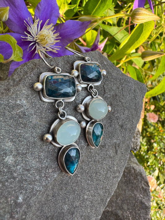 Handmade sterling silver kyanite and aquamarine drop earrings, alternate view
