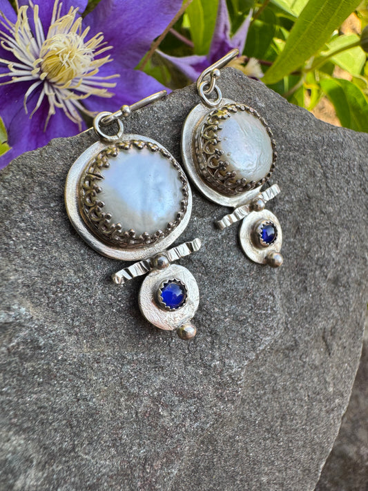Handmade sterling silver coin pearl and sapphire drop earrings, alternate view