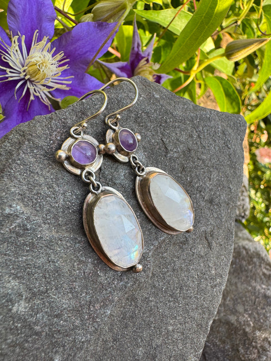 Handmade sterling silver amethyst and moonstone two-stone drop earrings, alternate view