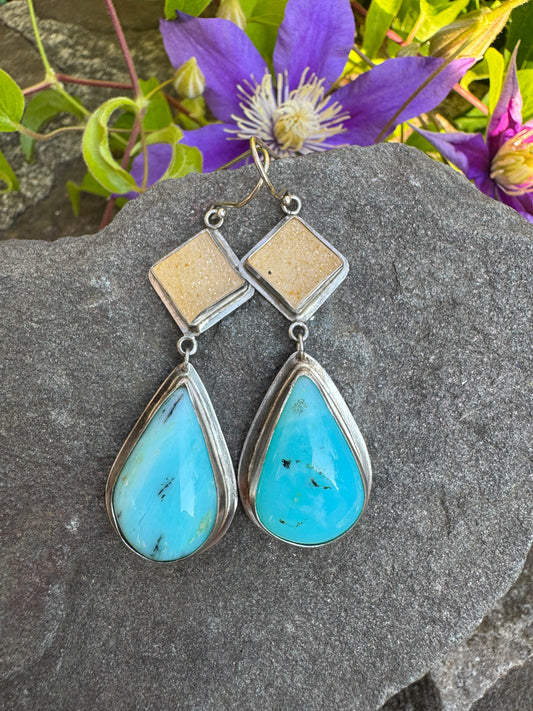 Handmade sterling silver sand druzy and Peruvian opal drop earrings, front view