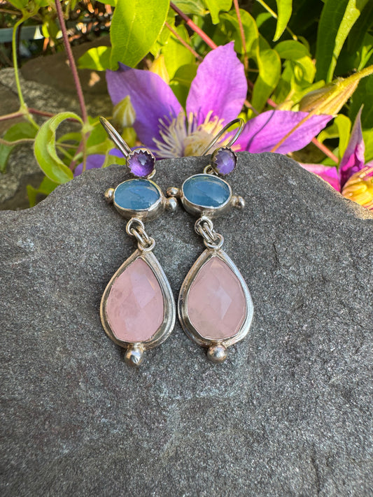 Handmade sterling silver amethyst, aquamarine and pink quartz tiered earrings, front view
