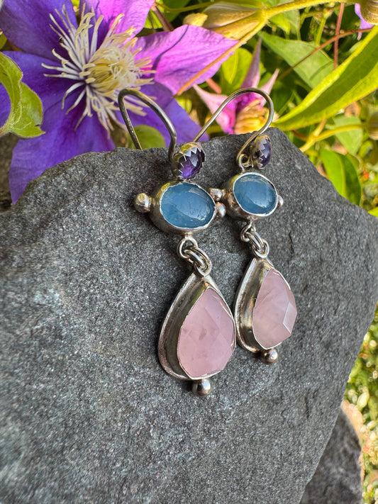 Handmade sterling silver amethyst, aquamarine and pink quartz tiered earrings, alternate view