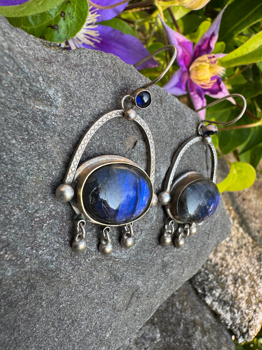 Handmade sterling silver labradorite oval drop earrings, front view