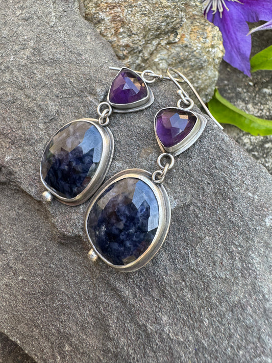 Handmade sterling silver amethyst and sapphire drop earrings, alternate view