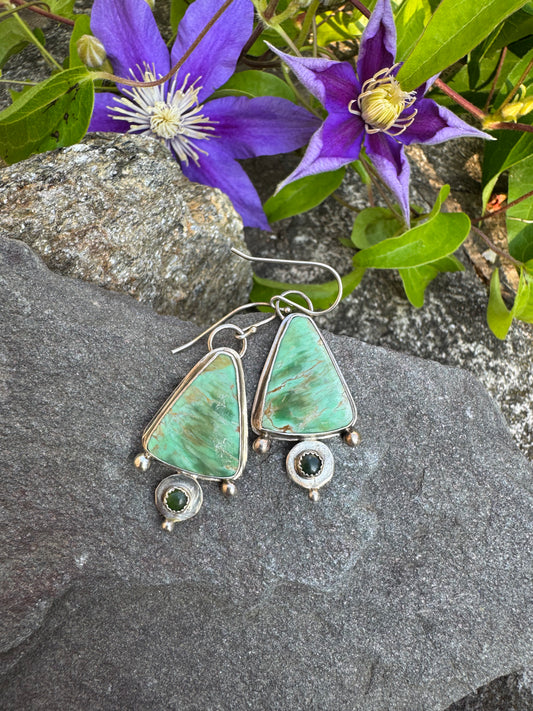 Handmade sterling silver variscite drop earrings, front view
