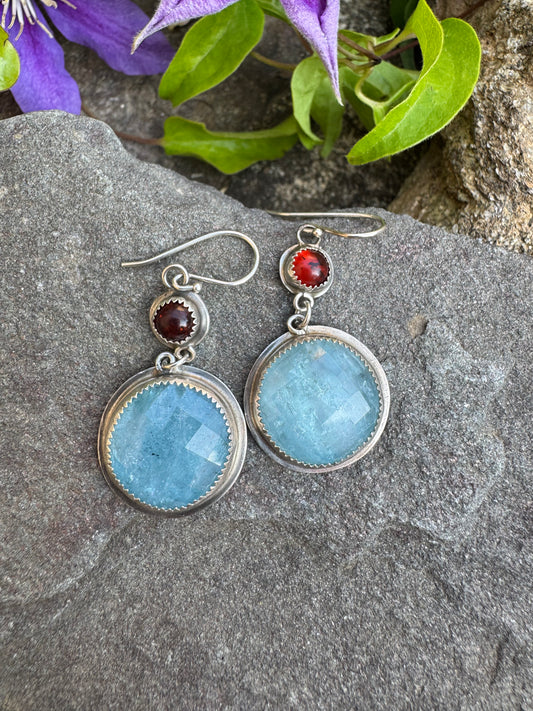 Handmade sterling silver amber and aquamarine drop earrings, front view