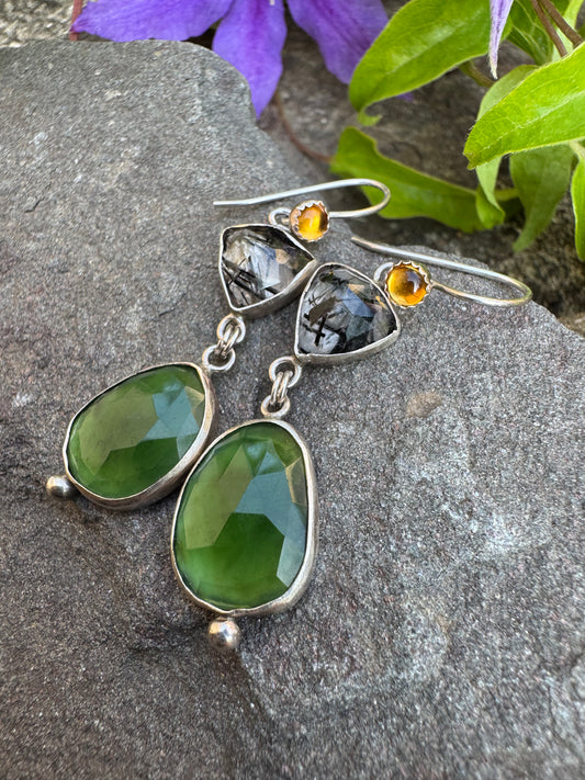 Handmade sterling silver rutilated quartz, yellow topaz and prehnite drop earrings, alternate view