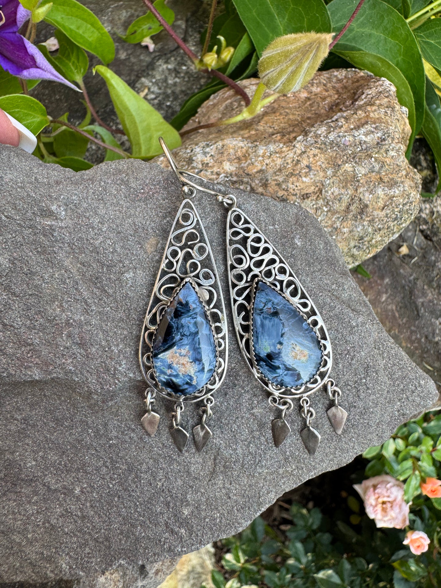 Handmade sterling silver pietersite filigree drop earrings, detail view