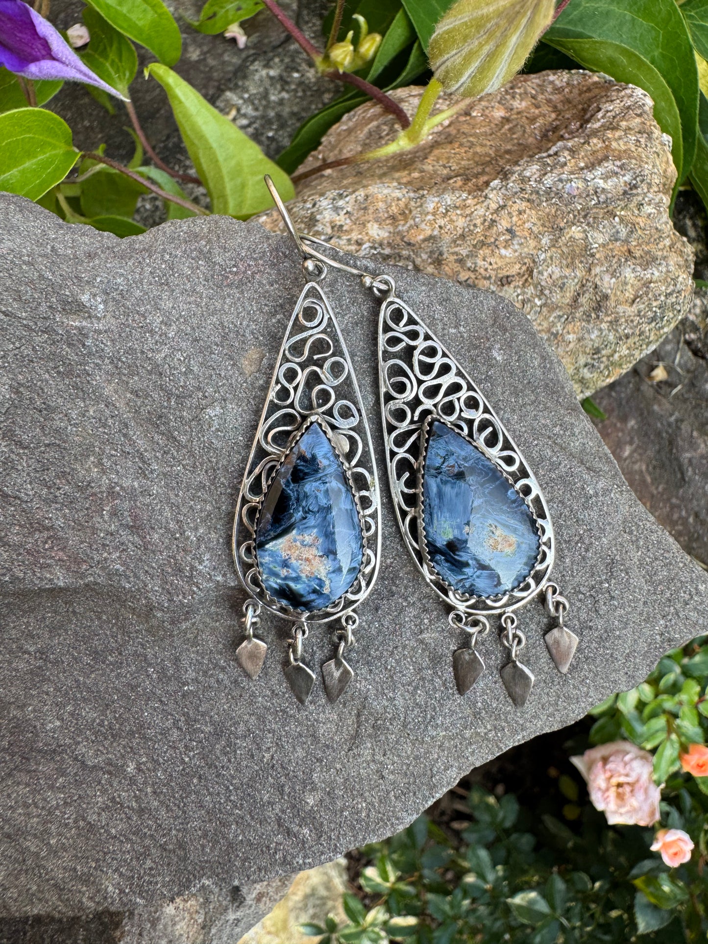 Handmade sterling silver pietersite filigree drop earrings, additional view