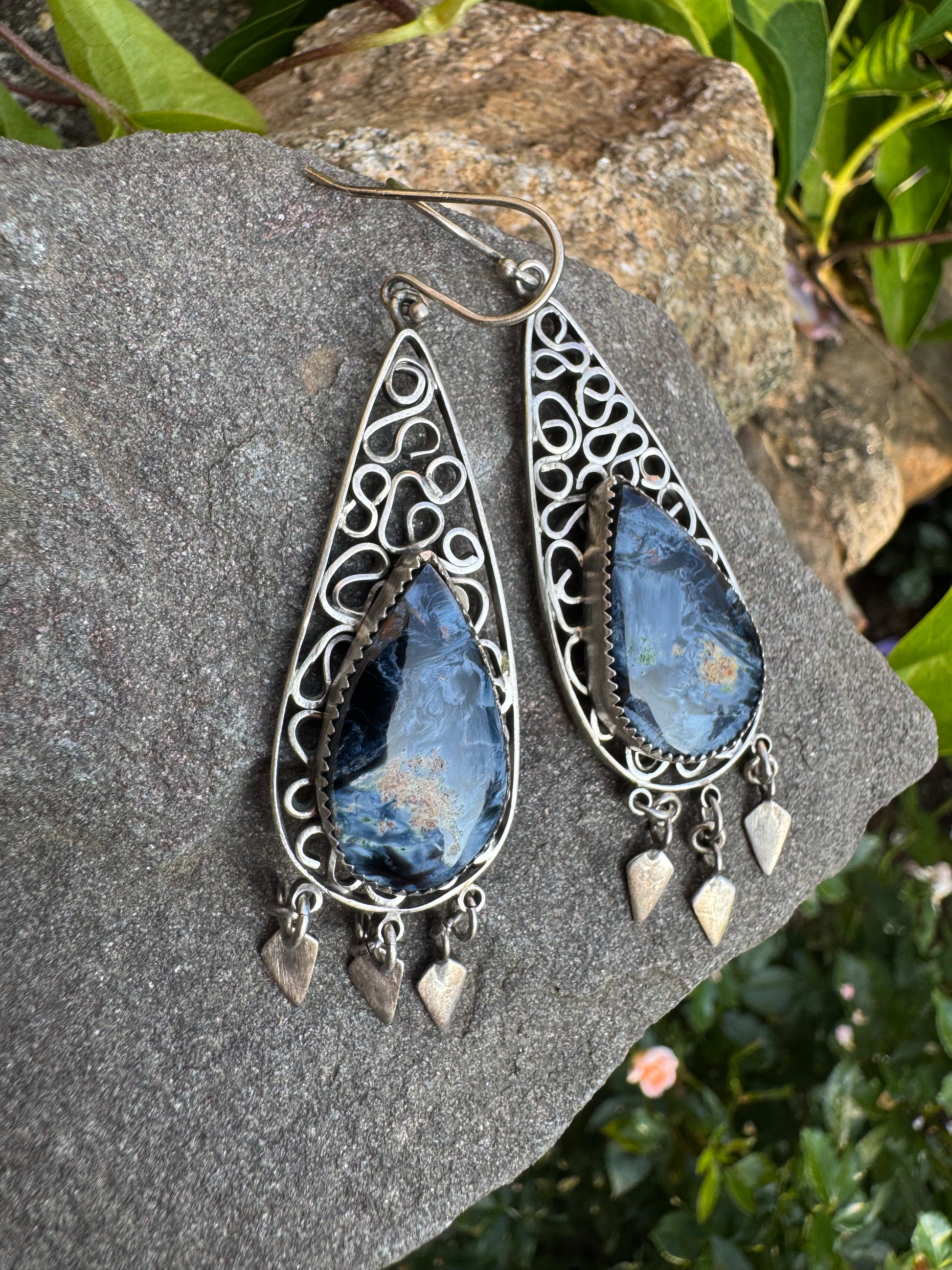Handmade sterling silver pietersite filigree drop earrings, additional view