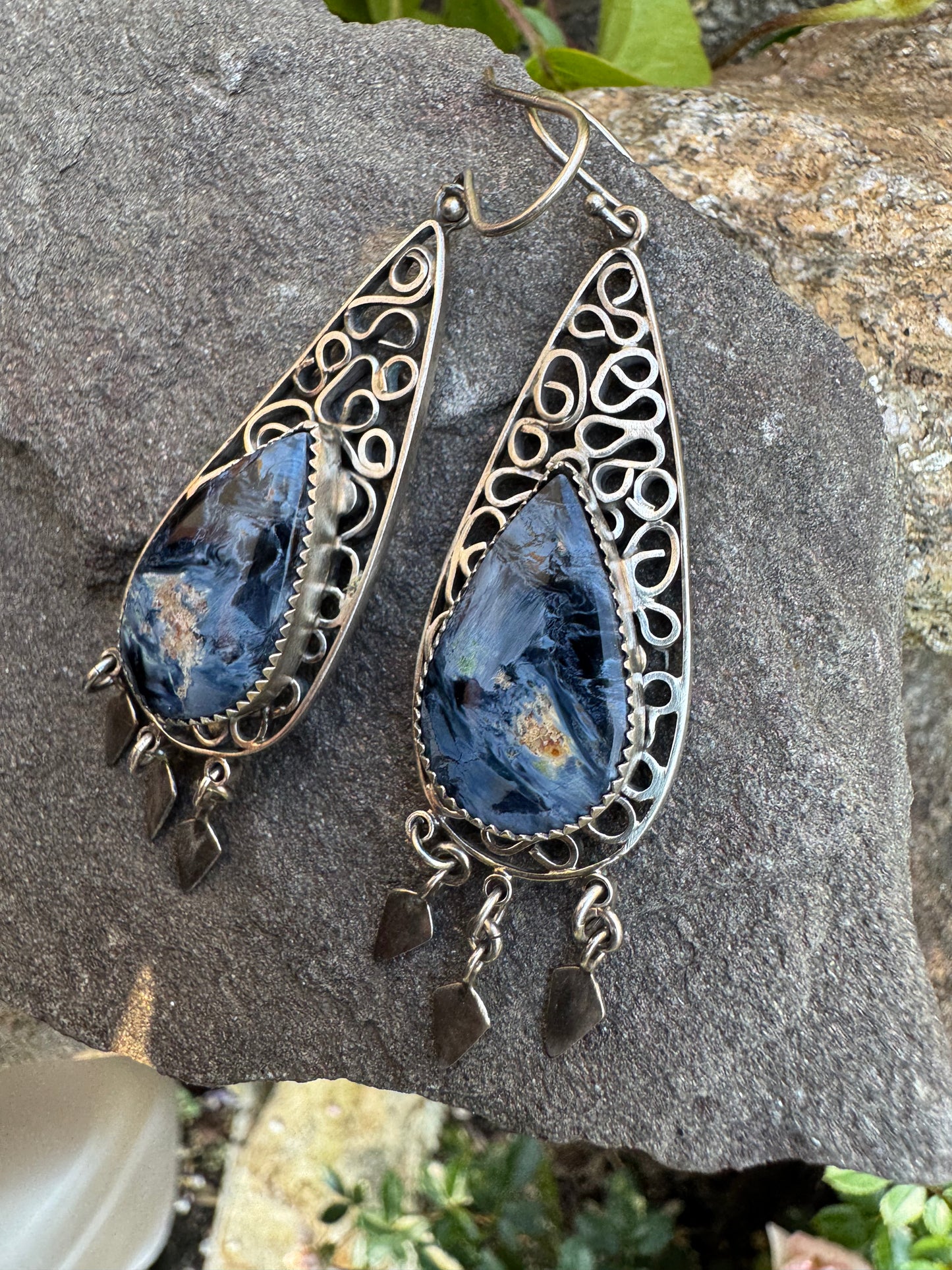 Handmade sterling silver pietersite filigree drop earrings, additional view