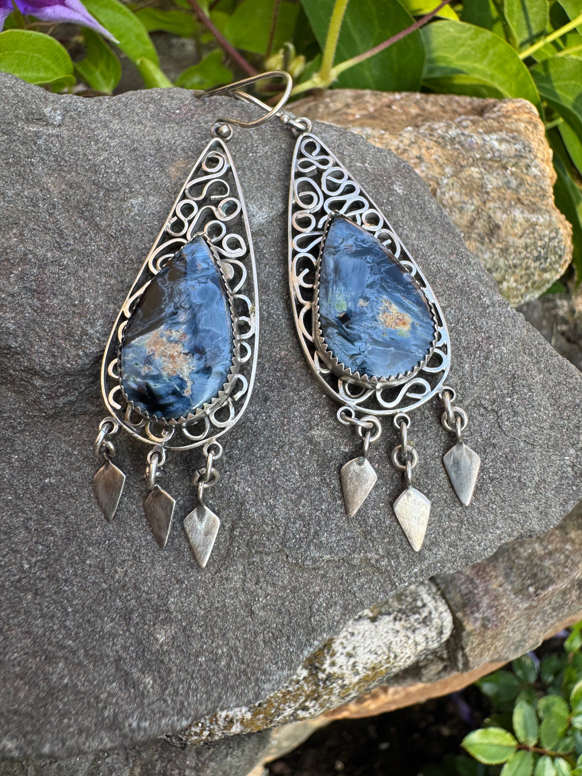 Handmade sterling silver pietersite filigree drop earrings, alternate view