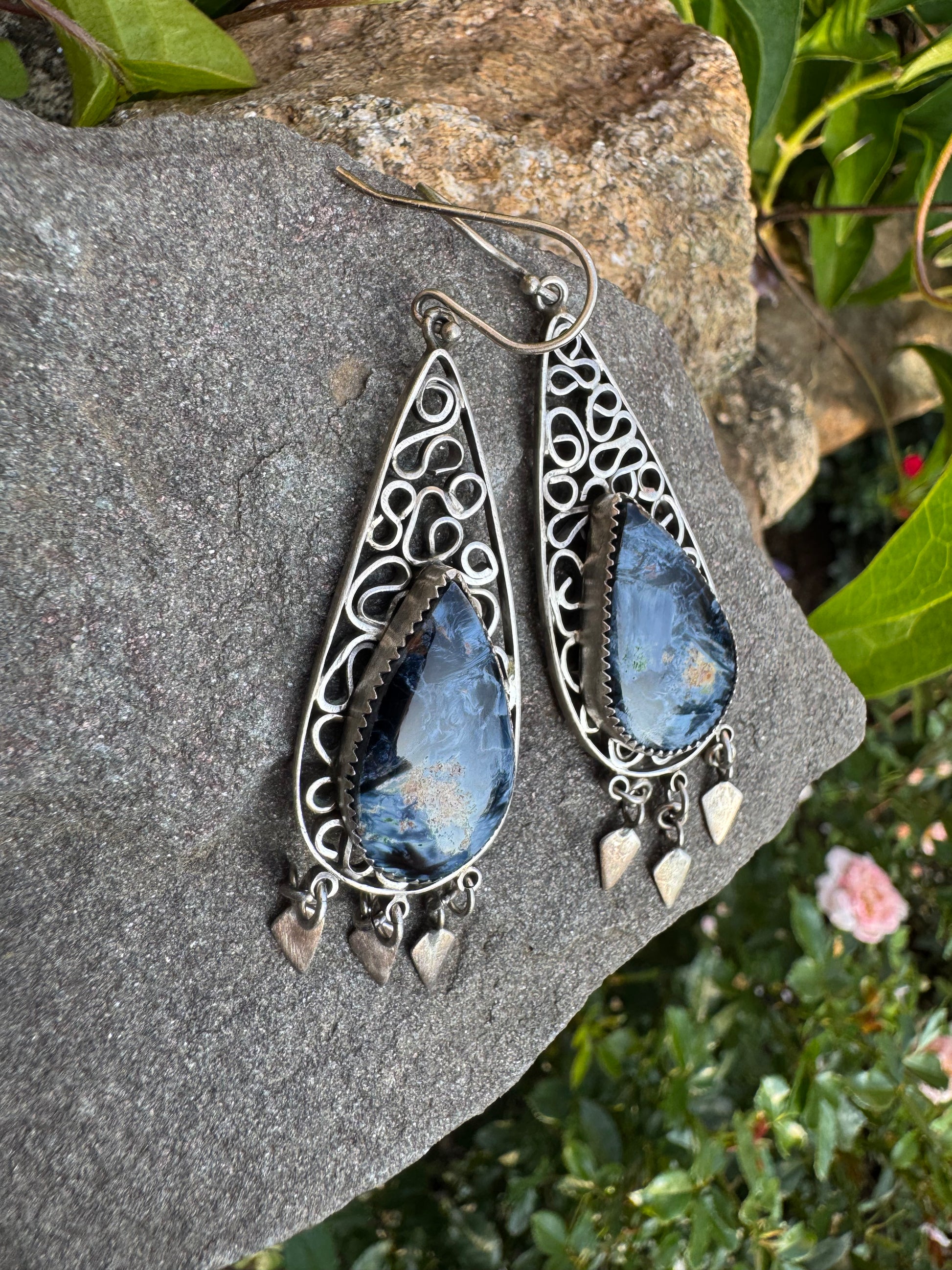 Handmade sterling silver pietersite filigree drop earrings, front view