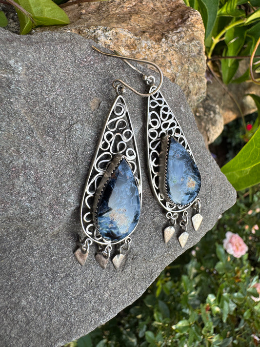 Handmade sterling silver pietersite filigree drop earrings, front view