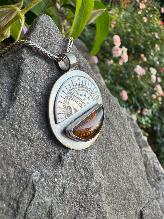 Handmade sterling silver carved amber pendant, alternate view